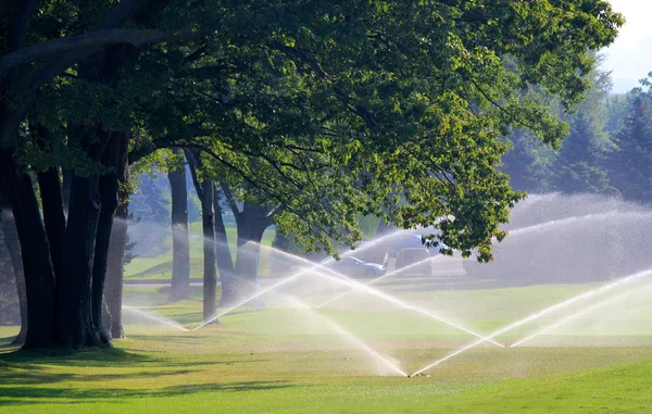 Campo de golfe fica irrigado — Fotografia de Stock