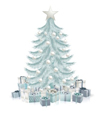 Silver blue Christmas tree and gifts clipart