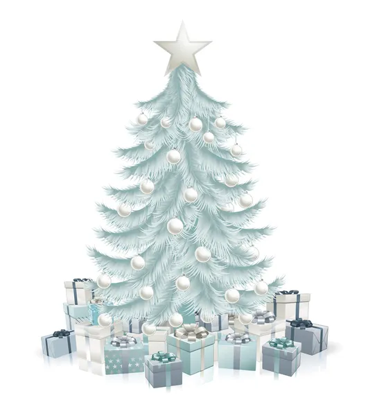 Stříbrné modrý vánoční stromek a dárky — Stockový vektor