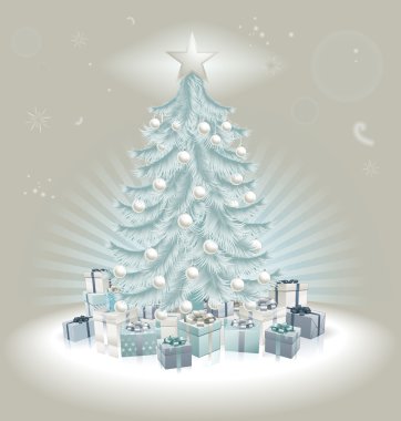Gümüş Mavi Noel ağacı, toplar ve hediyeler