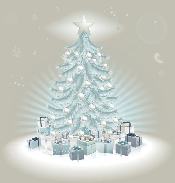 Ασημένιο μπλε χριστουγεννιάτικο δέντρο, μπάλες και δώρα — Διανυσματικό Αρχείο