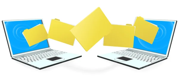 Computadores portáteis que transferem arquivos —  Vetores de Stock