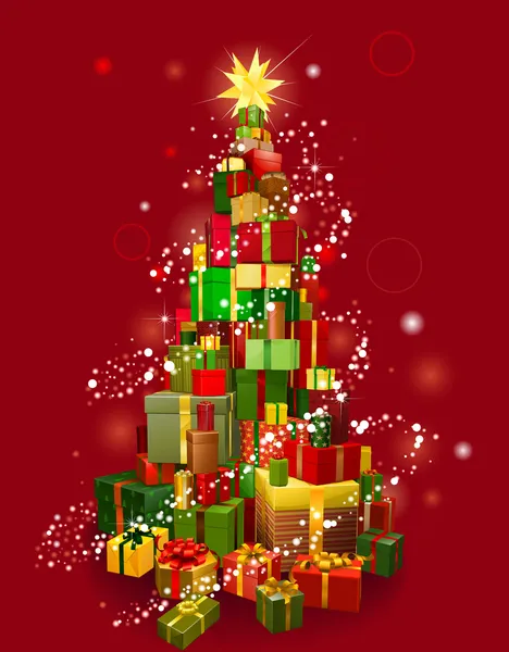 Árbol de regalo de Navidad con fondo rojo — Vector de stock