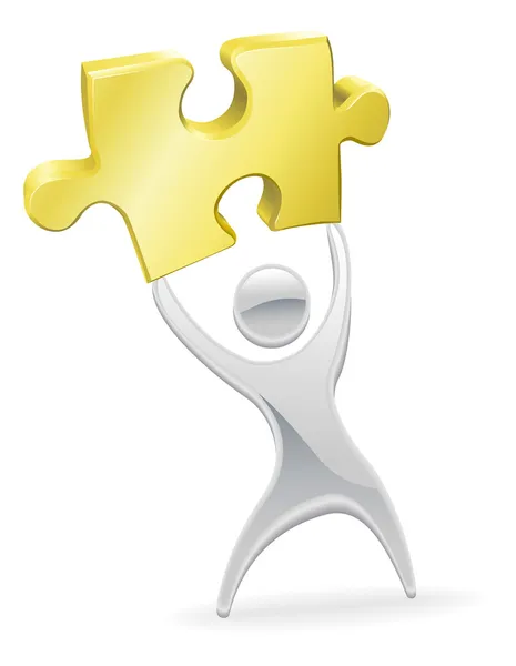 Metal mascot holding up a jigsaw puzzle piece — Stock Vector