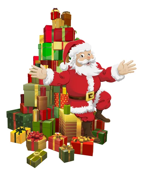 Weihnachtsmann sitzt auf einem Haufen Geschenke und winkt — Stockvektor