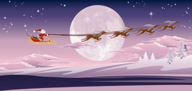 Santa flying in front of winter moon clipart