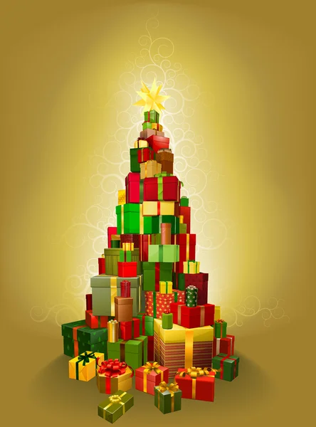 Altın christmas present ağaç illüstrasyon — Stok Vektör