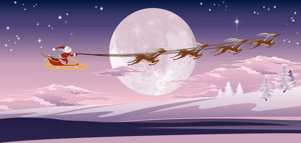 Santa flying in front of winter moon — Stock Vector