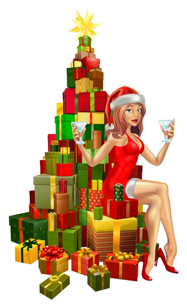 Donna Santa su pila di regali — Vettoriale Stock