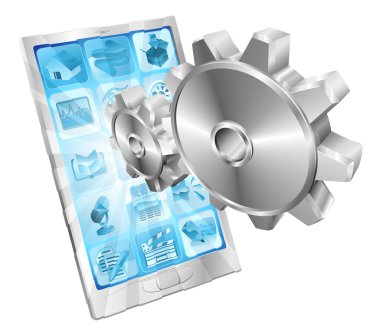 Gear cogs flying out of phone screen concept clipart