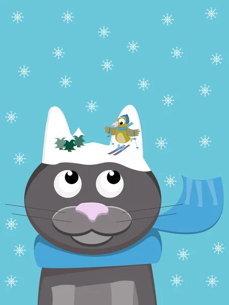 Снігова кішка з лижним птахом — стоковий вектор