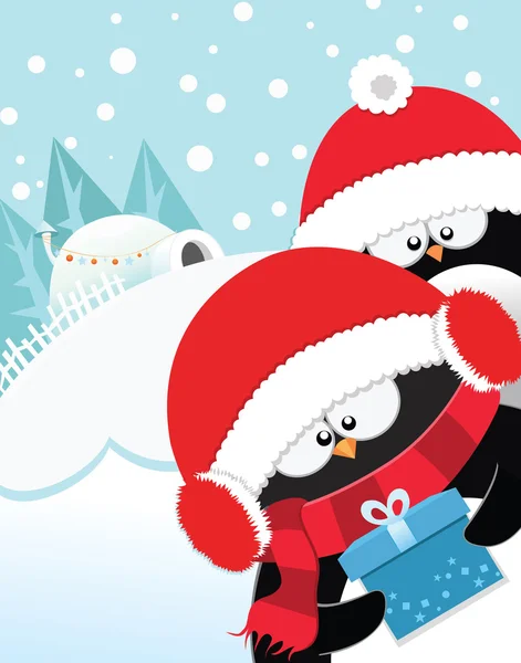 Cute Penguins' Christmas Gift — Stock Vector