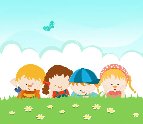 Group Of Kids Lying On The Grass — Stock Vector