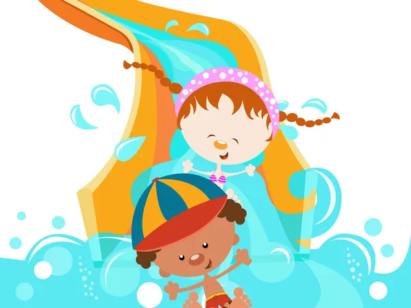 Niños en tobogán acuático — Vector de stock