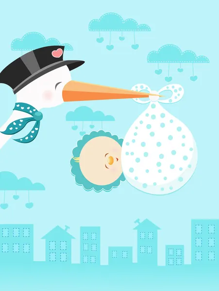 Stork Delivering A Newborn Boy — Stock Vector