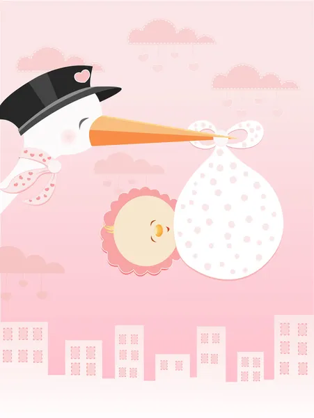 Stork Delivering A Newborn Girl — Stock Vector