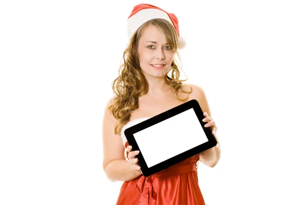 Mujer en traje de Navidad celebración tableta ordenador — Foto de Stock