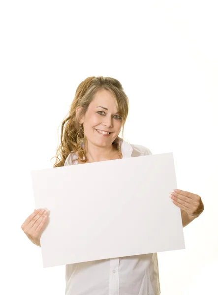 Woman holding white board with copy space — Stock Photo, Image