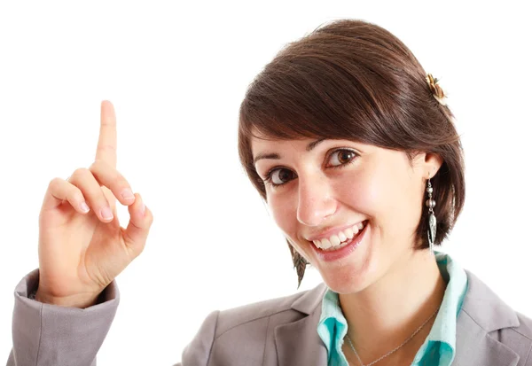 Woman pointing her finger up — Stock Photo, Image