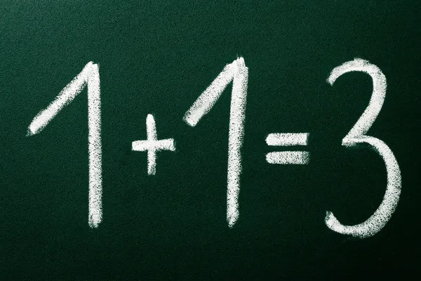 1 plus 1 gleich 3 als mathematische Berechnungen auf der grünen Tafel — Stockfoto