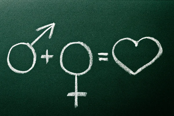 Equation define relation between male and female on green black — Stock Photo, Image