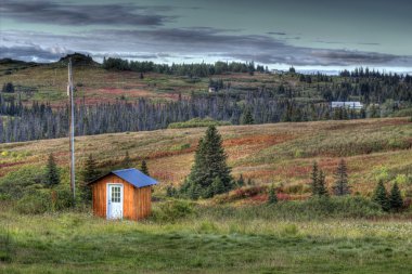 Small shed with power pole in rural Alaska in fall clipart