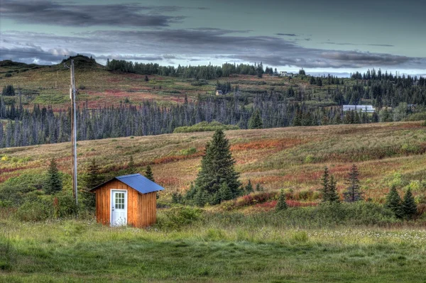 Pequeño cobertizo con poste de energía en Alaska rural en otoño — Foto de Stock