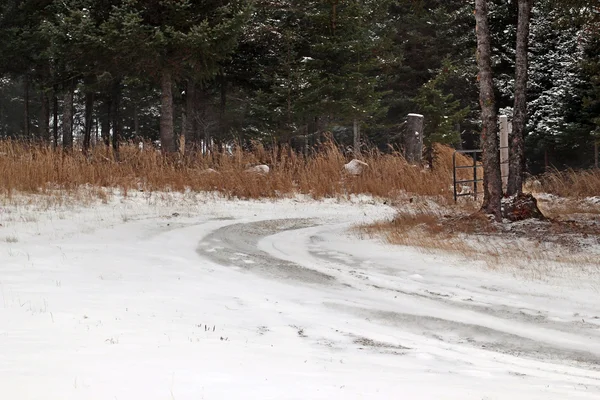 Första snön på en landsväg — Stockfoto