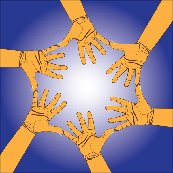 Sechs kooperative menschliche Hände — Stockvektor