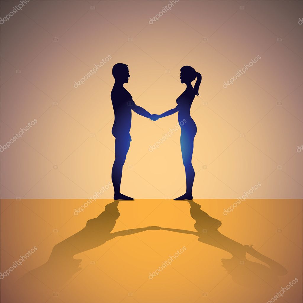 One man is holding nude girl by her hands while another is