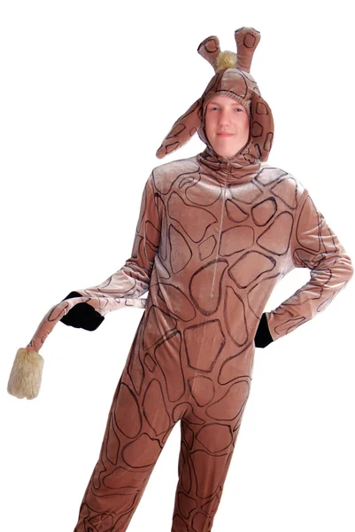 A férfi modell egy öltönyt, egy zsiráf — Stock Fotó