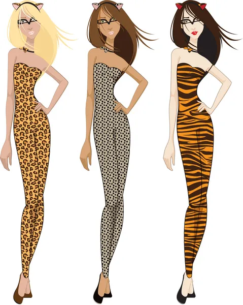 Drie vrouwen in catsuits — Stockfoto