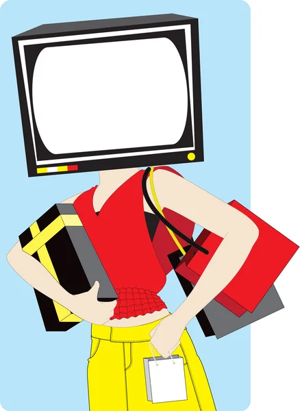 Mulher de compras com uma cabeça de aparelho de televisão — Fotografia de Stock