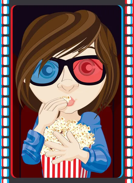 Dívka 3d brýle a jíst popcorn — Stock fotografie