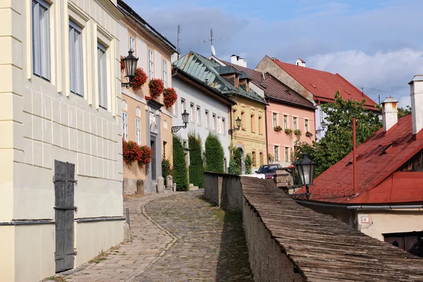 低いバラ ストリート - バンスカー stiavnica、スロバキア ユネスコのための家します。 — ストック写真