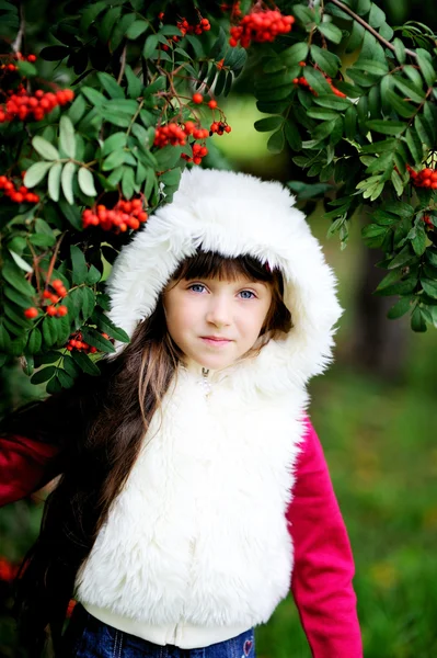 Menina bonito em casaco de pele sob rowan árvore — Fotografia de Stock
