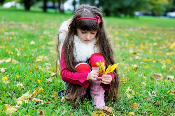 Χαριτωμένο μικρό κορίτσι φορώντας το γούνινο παλτό στο φθινόπωρο δάσος — Φωτογραφία Αρχείου