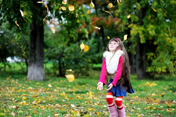 Χαριτωμένο μικρό κορίτσι φορώντας το γούνινο παλτό στο φθινόπωρο δάσος — Φωτογραφία Αρχείου