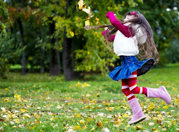 Sonbahar ormanda kürk giyen sevimli küçük kız — Stok fotoğraf