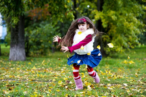 Aranyos kislány bundát visel őszi erdő — Stock Fotó