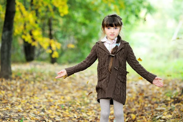在秋天的森林可爱儿童女孩的肖像 — 图库照片