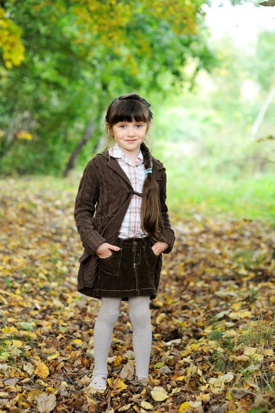 Retrato de menina adorável criança na floresta de outono — Fotografia de Stock