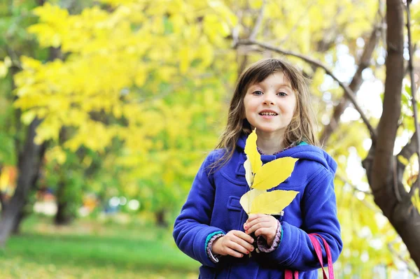 Porträtt av leende liten flicka med gula blad — Stockfoto