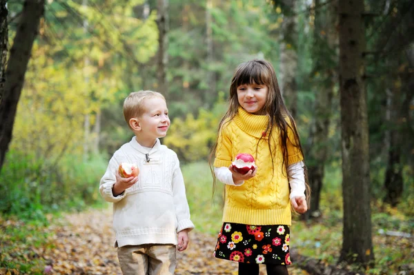 Mały chłopiec i mała dziewczynka jedzenie jabłek w lesie — Zdjęcie stockowe