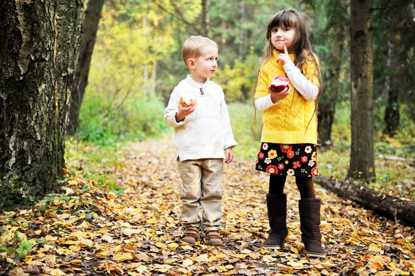 Kleine jongen en weinig meisje eten van appels in bos — Stockfoto