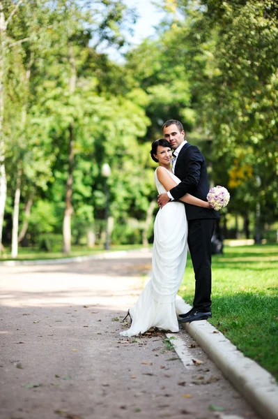 Bruid en bruidegom knuffelen elkaar voorzichtig — Stockfoto