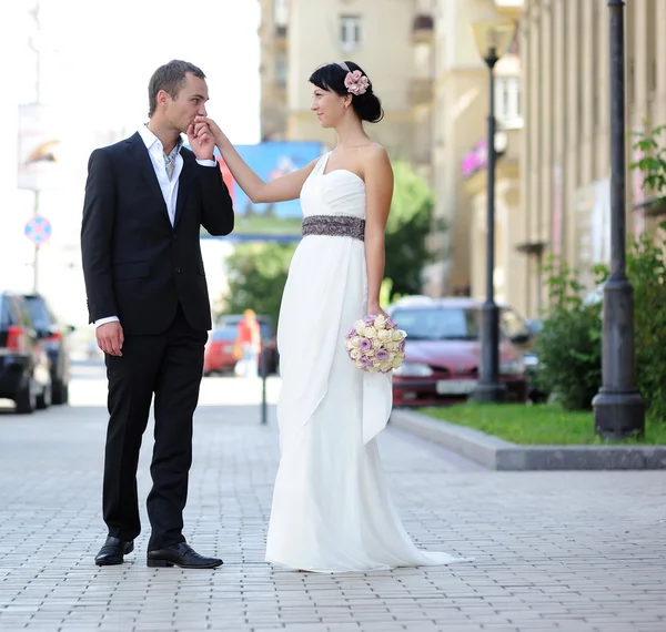 Groom kissing bride's hand — Stock Photo, Image