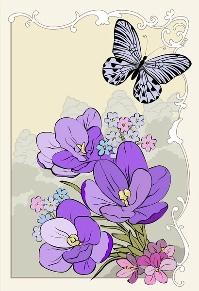 Crocus bouquet with butterfly — Stock Photo, Image