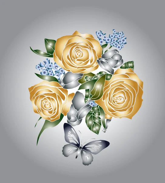 Rosas douradas e borboletas — Vetor de Stock