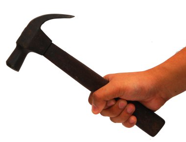 Old hammer in hand isolated clipart